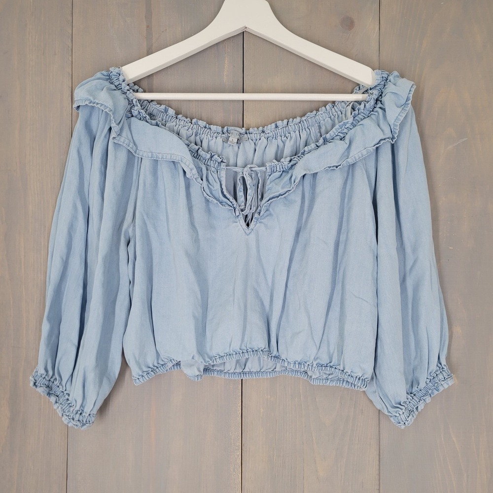 Love Tree Off The Shoulder Crop Top Womens Large Blue Tencel Ruffle Boho Cottage